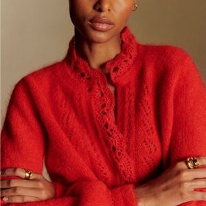 Sezane Vibrant Red Lace Cardigan